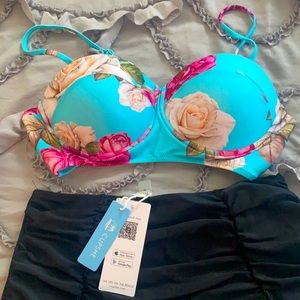 Floral and Black Shirring High-Waisted Bikini